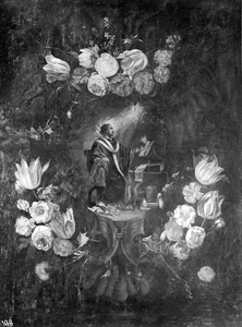 835524 Afbeelding van een schilderij met kerkvader Augustinus omgeven door bloemen, in de St.-Gertrudiskerk ...